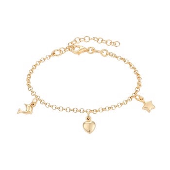 Smukt sølvforgyldt barne armbånd med stjerne, hjerte og delfin fra Støvring Design